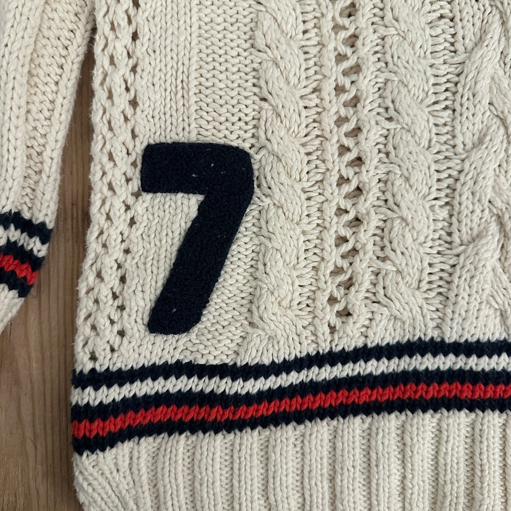 Juicy Couture Womens Varsity Cable Knit V-Neck Sweater Cream Striped Size M 7 - Picture 5 of 6